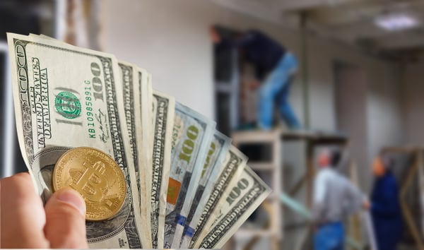 Blur image of people fixing house wall for background usage bitcoin