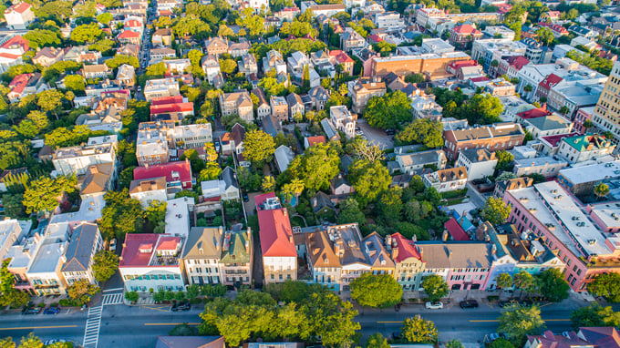 Rainbow Row in Charleston South Carolina SC Aerial