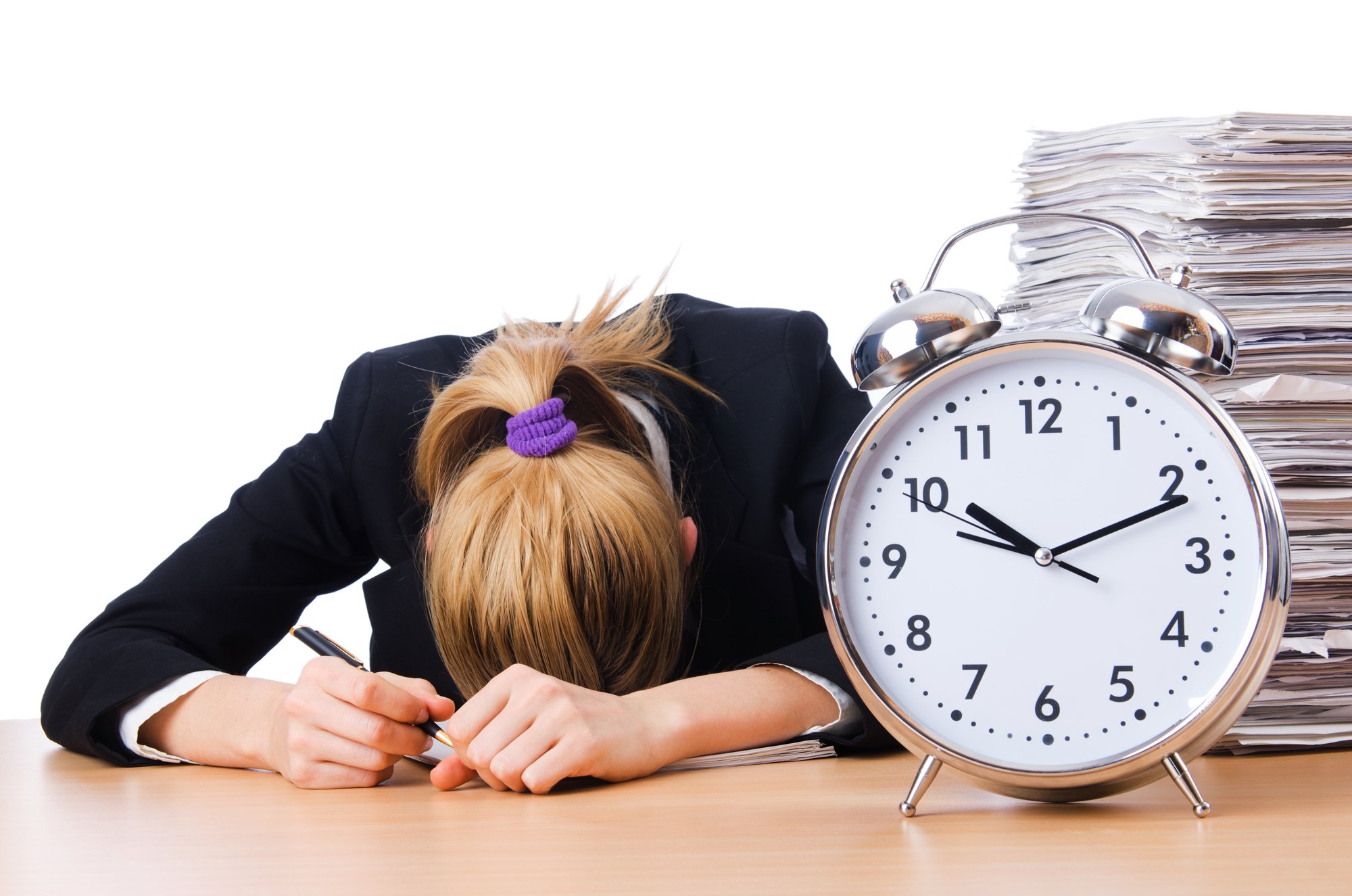 Woman businesswoman with giant alarm clock