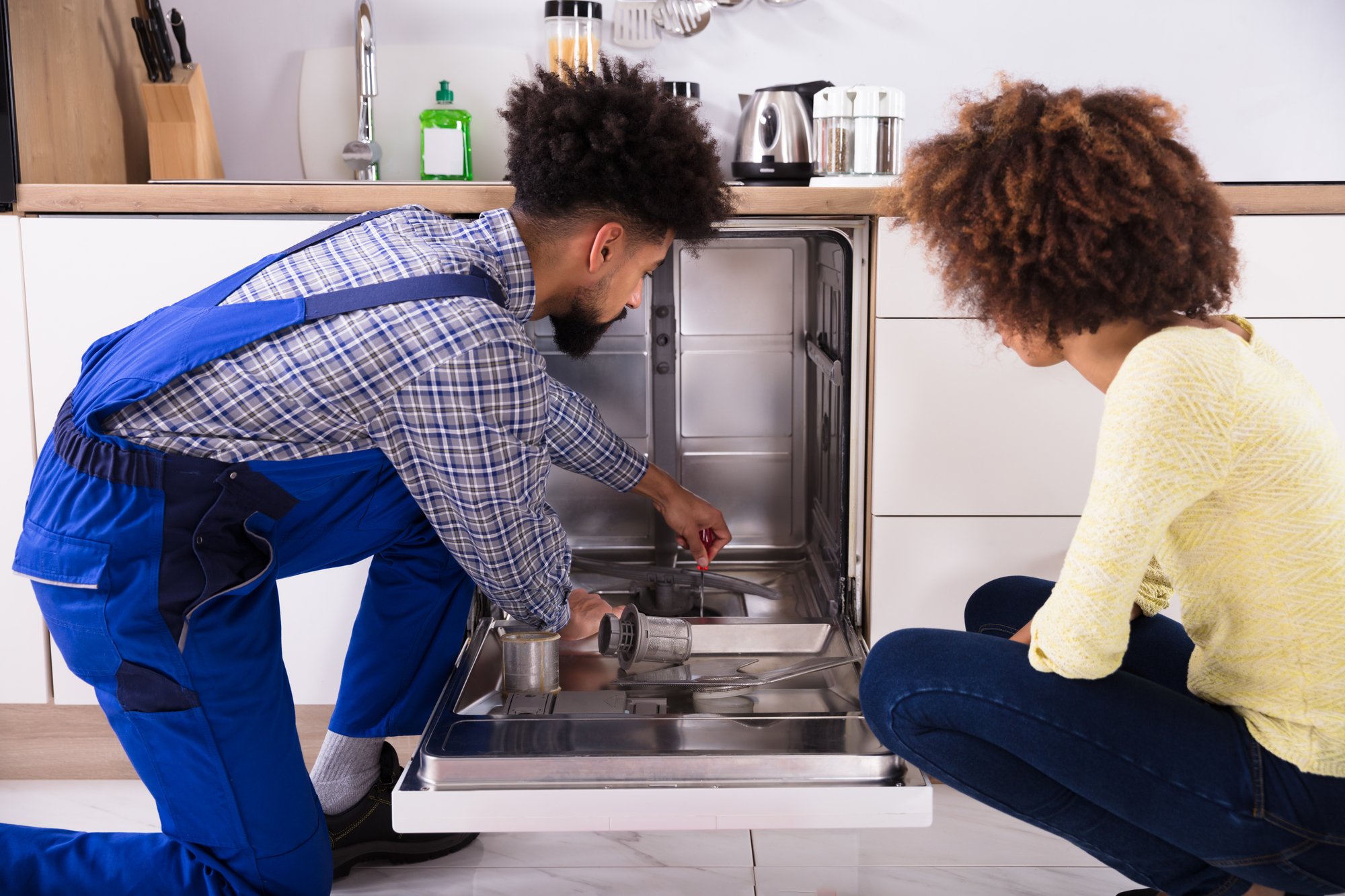Young Woman Looking At Male Repairman Fixing Dishwasher In Kitchen