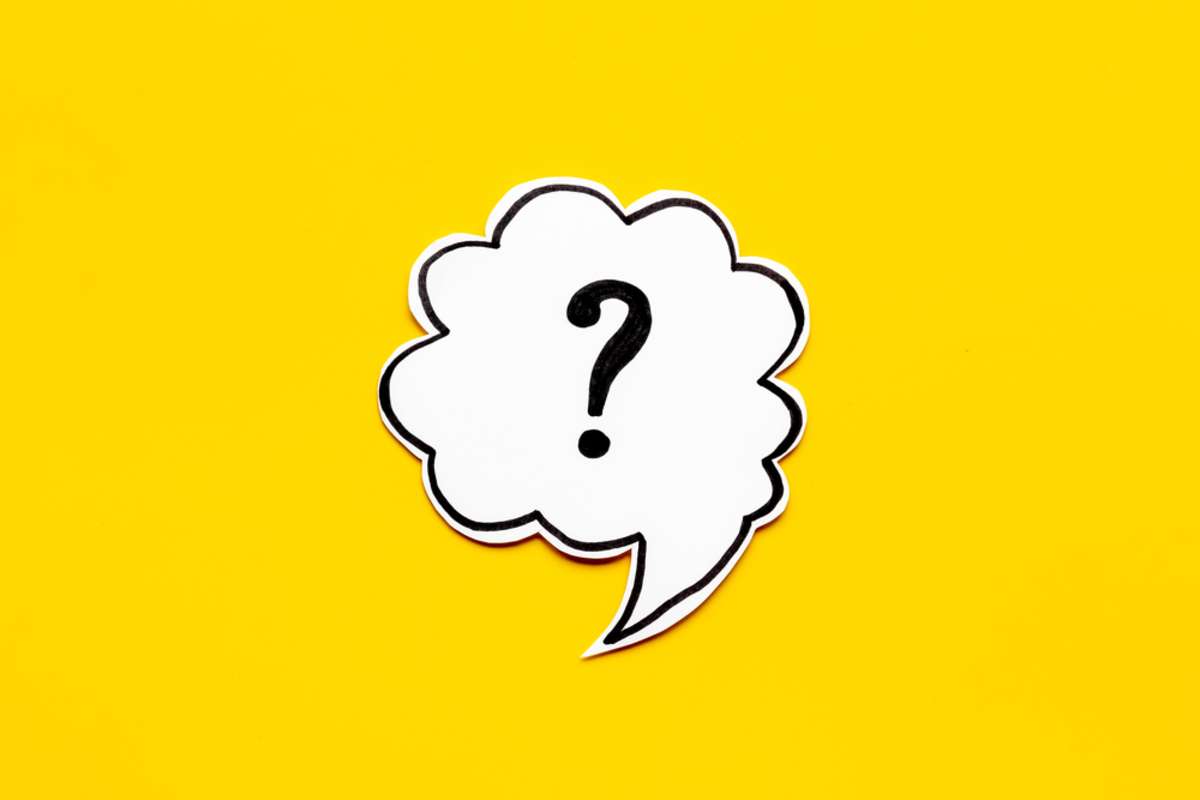 A question mark on a yellow background could ask, 